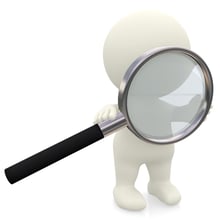 3D person holding a magnifier looking for something - isolated over a white background