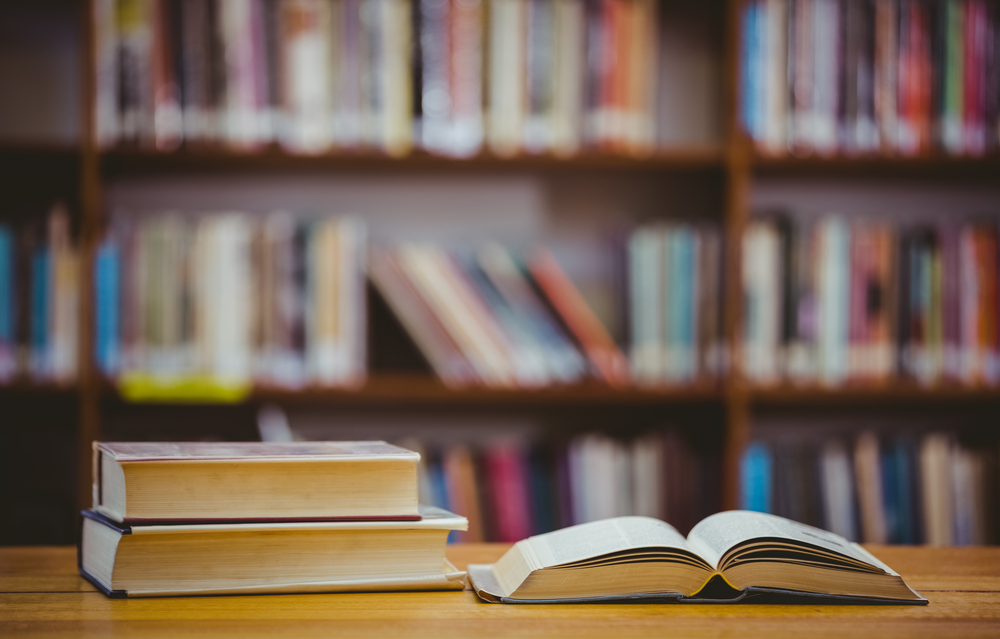 Books on desk in library at the elementary school