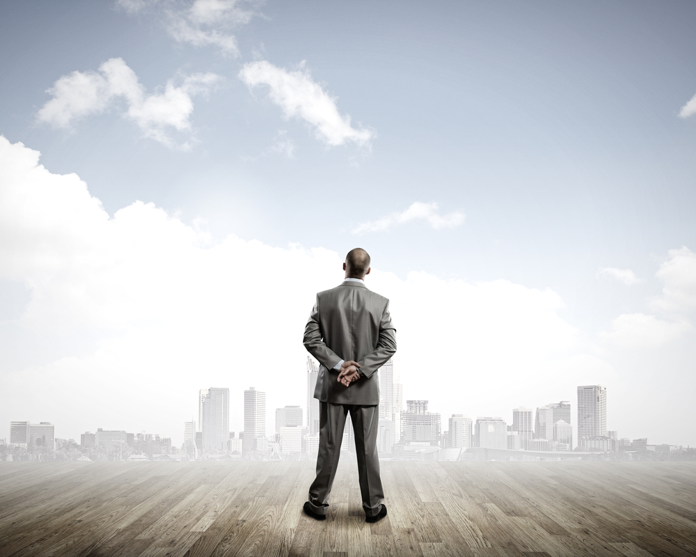 Rear view of businessman looking at city from distance-1