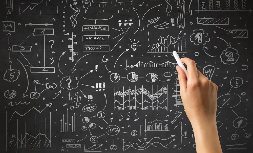 Female hand holding white chalk in front of a blackboard with a business plan drawn on it