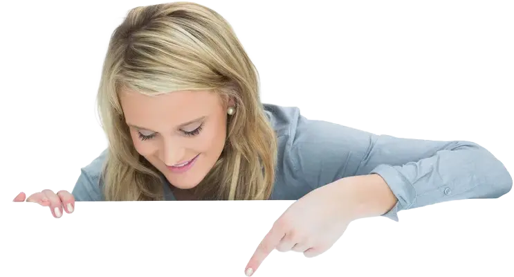 Happy woman pointing down at the poster