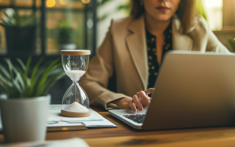 Woman typing on her computer at her desk with a timer