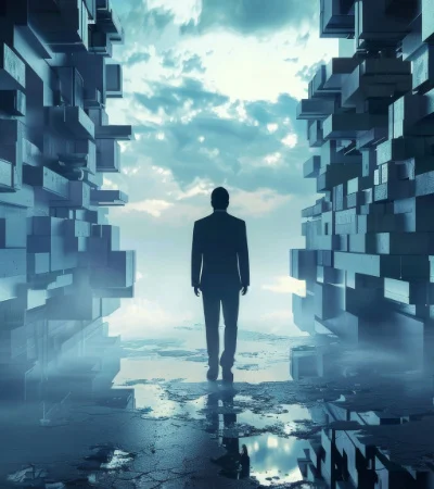 Man walking towards sky