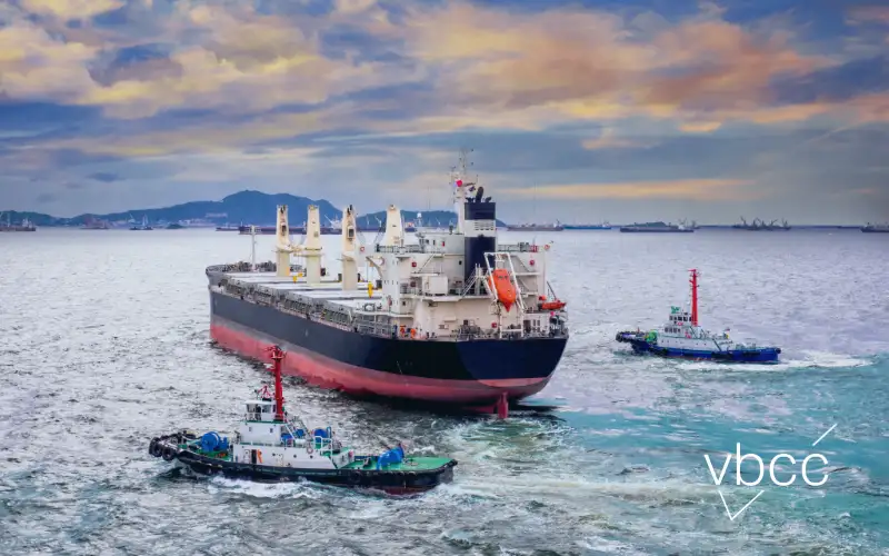Large ship and tug boats in ocean
